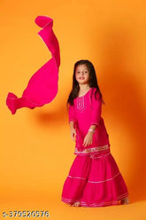 Girls rayon printed suit set, solid pattern kurta with dupatta and bottomwear on model, rayon/organza fabric, three-quarter sleeves